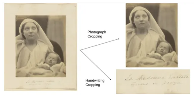 A collection item before and after separation of the photograph from its handwritten annotation region