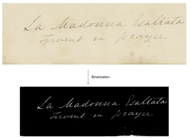 Handwritten annotation before and after binarization via dilation, erosion, and Otsu thresholding