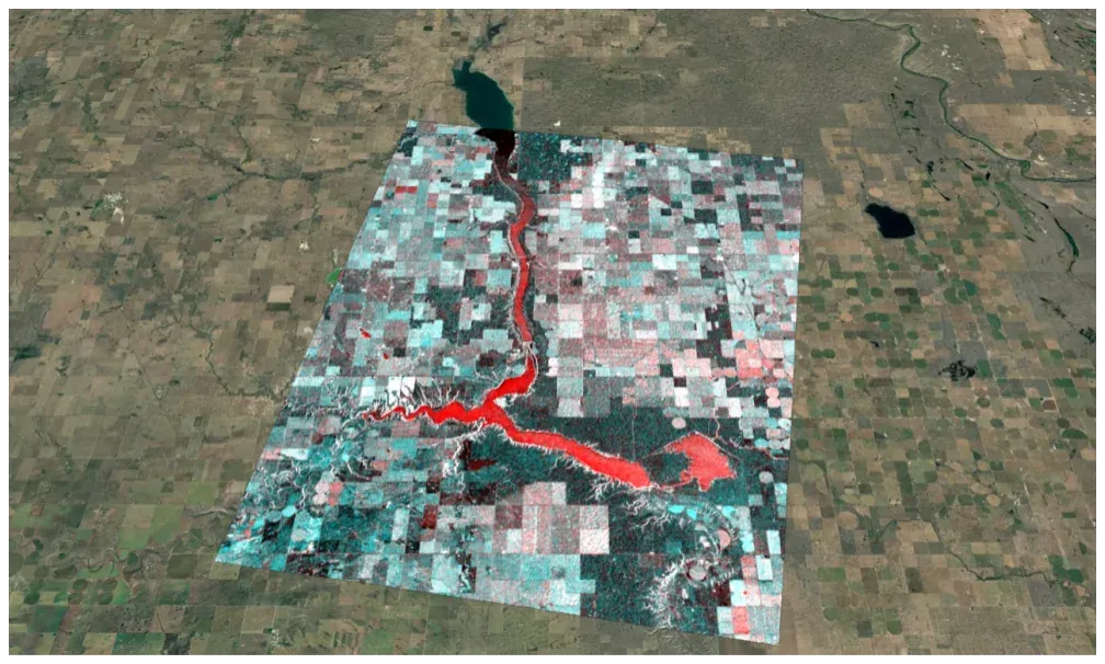 RGB composite of two SAR timesteps showing water level differences and surrounding hydration