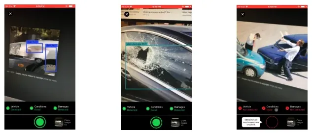 App screenshots: two passing states with shutter enabled, one failing state with shutter disabled and corrective guidance