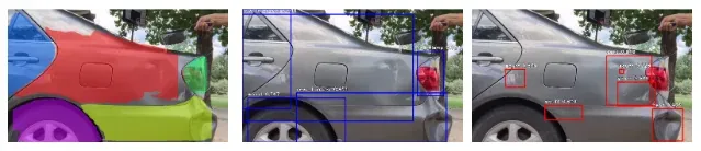 Detection overlays: part masks, part bounding boxes, damage bounding boxes on the same vehicle image