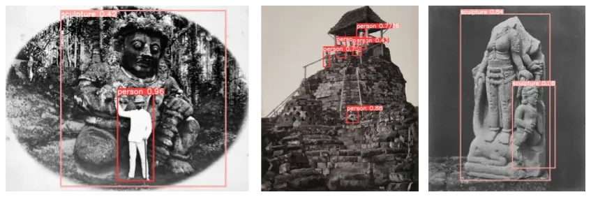 Detection and segmentation overlays identifying people, sculptures, and reliefs across three example images