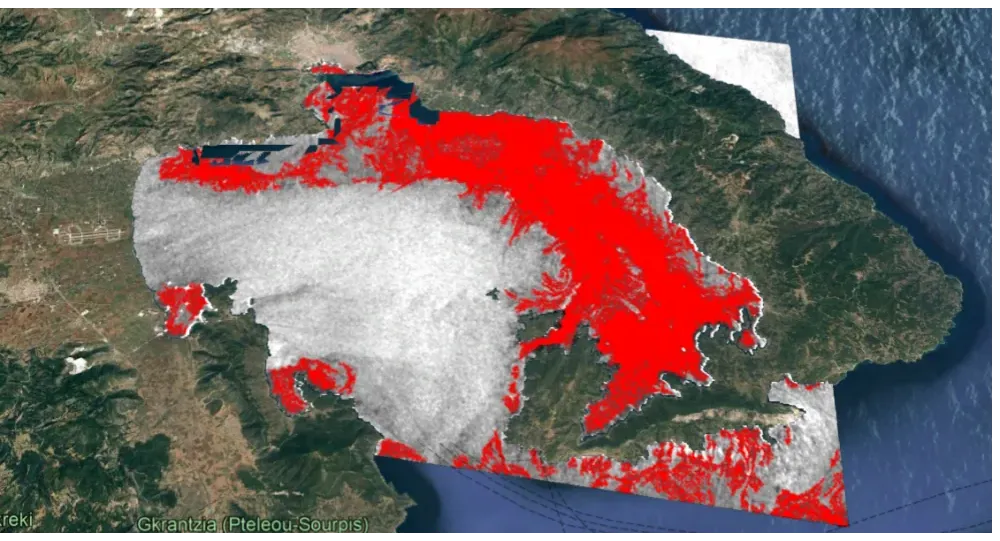 segmentation masks overlaid on processed SAR imagery showing detected surface regions on open water›